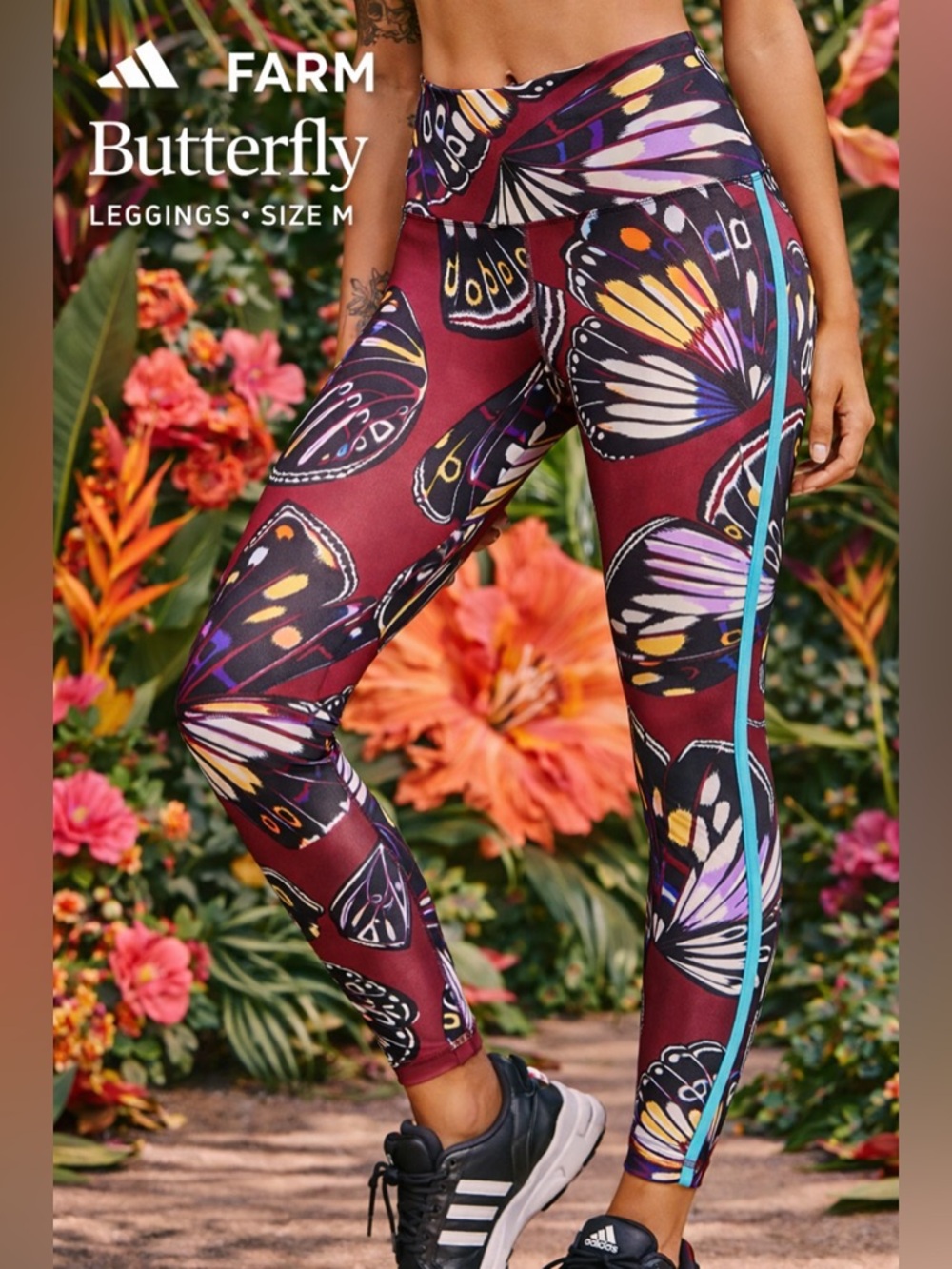 FARM Rio Burgundy Butterfly Print Leggings with Teal Side Stripe Size S